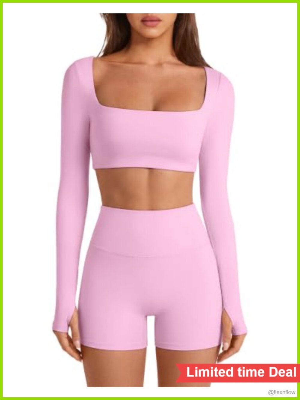 Womens Workout Set Padded Long Sleeve Crop Top Booty Shorts Gym 2 Piece